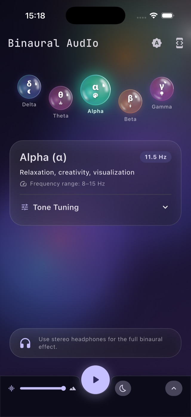 Binaural AudIo brainwave player showing the Alpha band selected