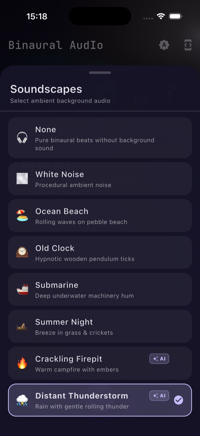 Soundscape picker with Ocean Beach, Old Clock, Submarine and AI options